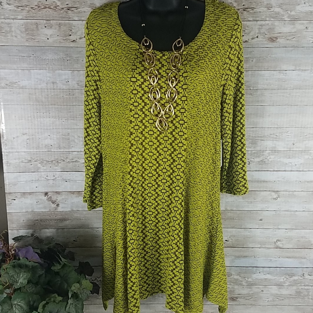 NWT, Peck and Peck Top, Chartreuse Boho Tunic or Dress Asymetrical Argyle, Sz L - Picture 2 of 11